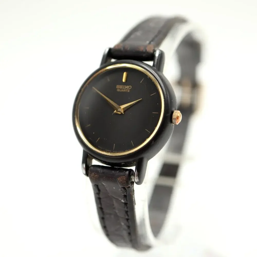 Vintage Seiko Black Gold Tone 24mm Womens Watch Leather 1N00-0H79 w New Battery